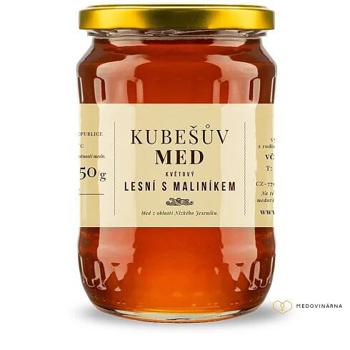 Kubešův med - Med květový - lesní s maliníkem - 0,75 kg sklo
