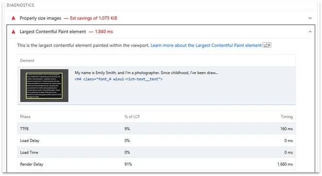 Google Lighthouse performance diagnostics