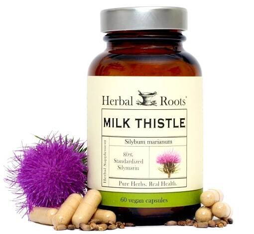 Bottle of Herbal Roots Milk Thistle with capsules and milk thistle seeds surrounding the bottle and a milk thistle flower on the left of the bottle