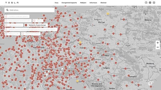 Aktuální mapa s rychlonabíjecími stanicemi Tesla Supercharger v Evropě a České republice