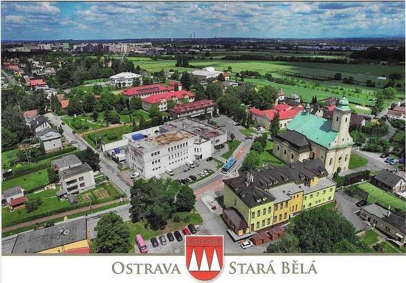 Ostrava - Stará Bělá - letecký pohled, erb  - Pohlednice místopis