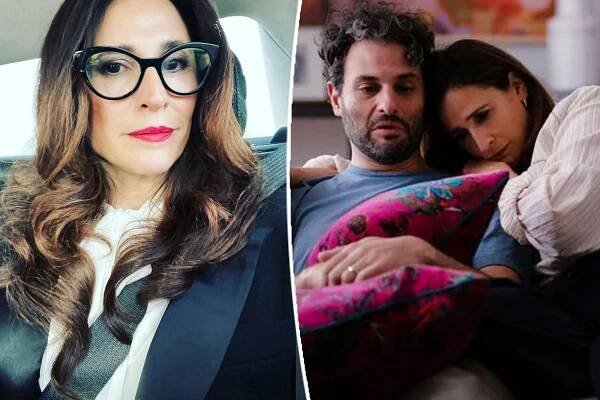 Split screen of Michaela Watkins in car and on set with co-star Arian Moayed for "You Hurt My Feelings."