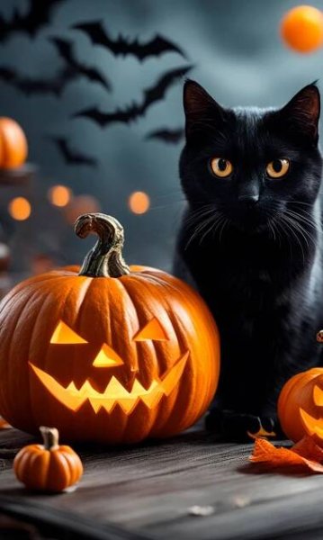 Black Cat and Pumpkins