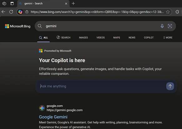 Bing promotes against Gemini