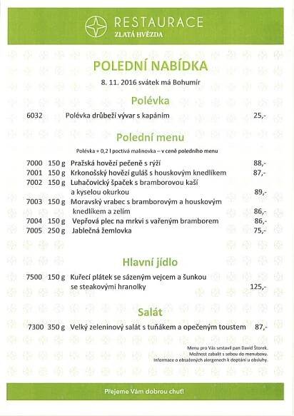 Polední menu restaurací na úterý 8. listopadu
