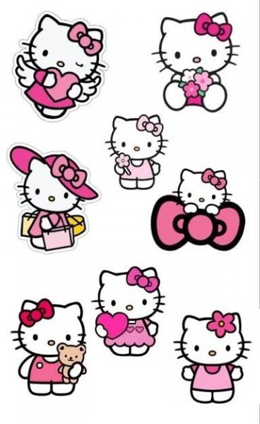 the hello kitty stickers are all different colors and sizes, but one is pink
