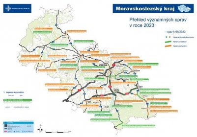 Mapa významných oprav Správy Ostrava (září 2023) - Ředitelství silnic a dálnic s. p. pro Moravskoslezský kraj