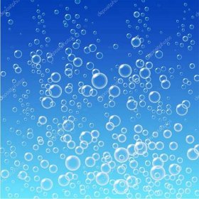 Vzorek vody bubliny na modrém pozadí.