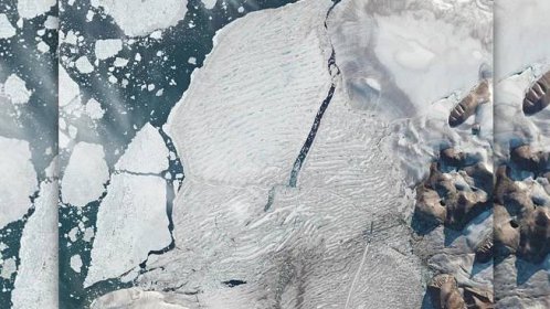 Satelitní záběry detailně ukazují rozlomení kanadského šelfového ledovce