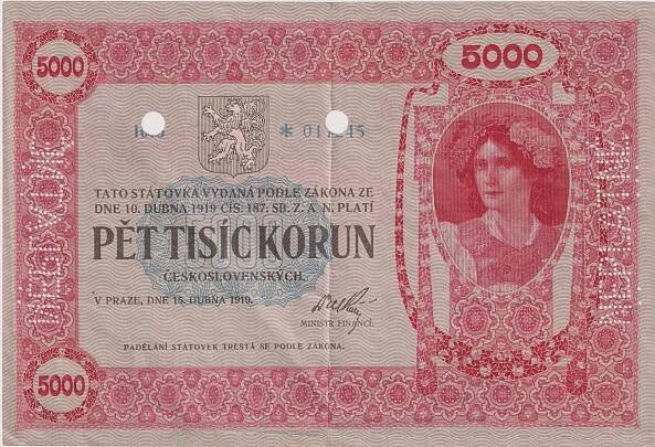 Nejdražší bankovka. Pět tisíc korun z roku 1919 se vydražilo za 25,6 milionů