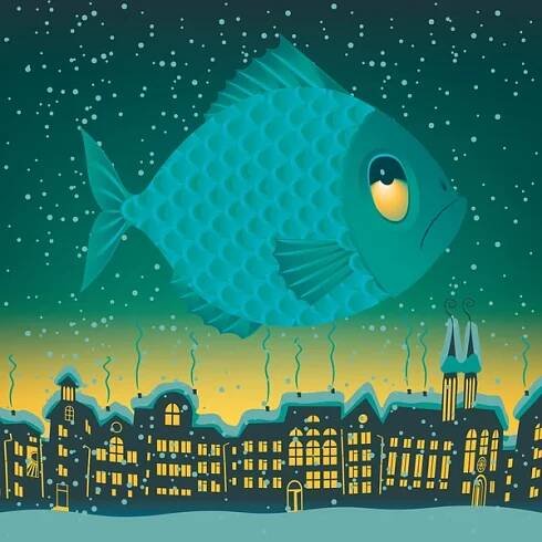 Big fish flies through the sky — Ilustrace