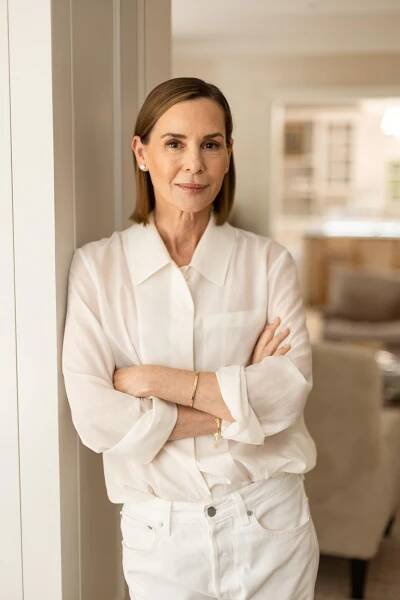 A woman crosses her arms in a light, airy living room.