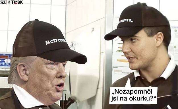 Donald Trump v rámci kampaně připravoval hranolky v řetězci McDonald’s. Chtěl se tím vysmát rivalce Harrisové, která ve fastfoodu za studií pracovala. Umí ovšem připravit perfektní cheeseburger? I s okurkou? Koláž TMBK pro SZ.