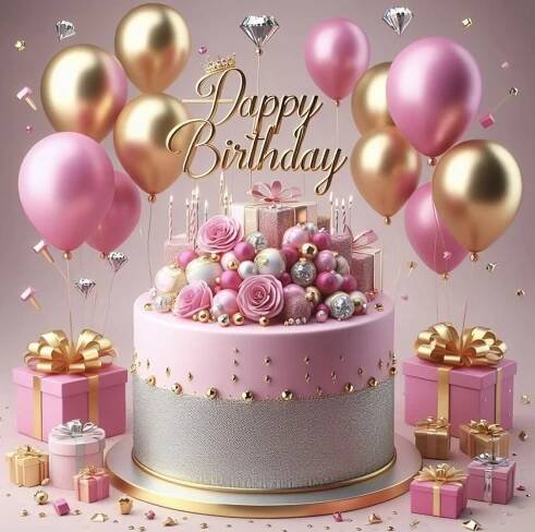 a birthday cake surrounded by presents and balloons