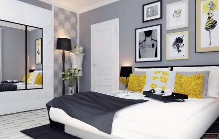 Kombinace šedé a jiné barvy v interiéru moderní ložnice