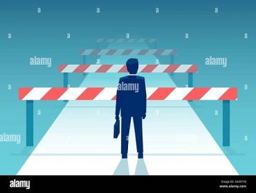 Vector of a challenged businessman standing in front of many obstacles and barriers on the way to success. Stock Vector