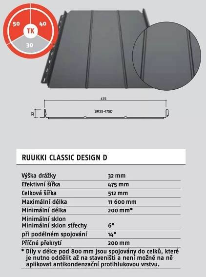Plechová falcovaná krytina RUUKKI - Ruukki Classic Design D s prolisem