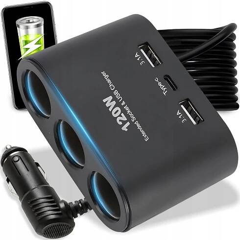 Nabíječka 120W USB-C Rozbočovač 3x zapalovače 12V 24V QC USB