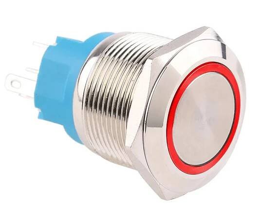 Spínač kovový s aretací, stříbrný, průměr 25mm, IP67