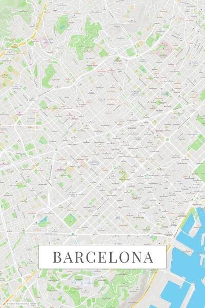 Mapa Barcelona color ǀ Mapy všech měst a států na zeď ǀ Posters.cz