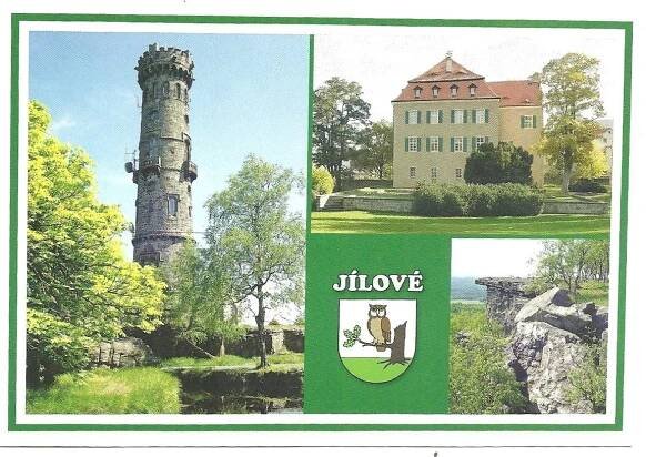 Jílové erb rozhledna Děč. Sněžník a zámek