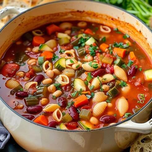 Minestrone soup with shell pasta, vegetables and beans cooked in tomato based soup in a pot.