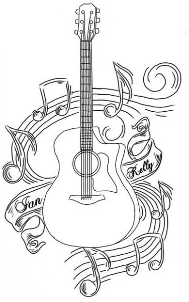 an acoustic guitar with music notes around it