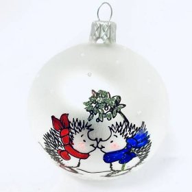 Skleněná vánoční ozdoba s textem na přání - Zimní setkání ježečků s vlastním textem (bílá, 1 ks, 8 cm)