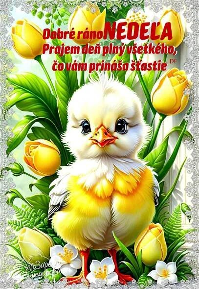 a cute little chicken sitting in the middle of some flowers and grass with words written below it