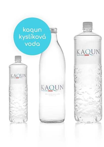 kyslíková voda KAQUN v 3 variantách 0,5L plastová fľaša 1 litrová sklenená fľaša 1,5 litrová plastová fľaša