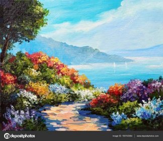 Olejomalba, dům blízko moře, pobřeží moře, barevné květiny, letní krajina Stock ilustrace ©Max5799 #150743364