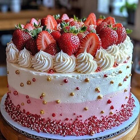 a cake with white frosting and strawberries on top is sitting on a table