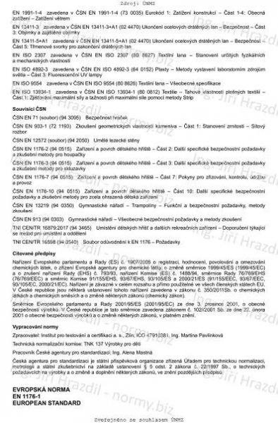ČSN EN 1176-1 ed. 2 (940515) - Zařízení a povrch dětského hřiště - Část 1: Obecné bezpečnostní požadavky a zkušební metody