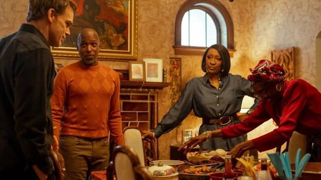 Michael C. Hall as Dexter Morgan, Ntare Guma Mbaho Mwine as Blessing Kamara, Jill Marie Lawrence as Constance Kamara and Sharon Hope as Prudence Kamara in Dexter: Resurrection, episode 2, season 1, streaming on Paramount+ with SHOWTIME, 2025. Photo Credit: Zach Dilgard/Paramount+ with SHOWTIME.