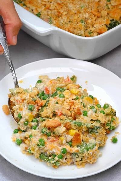 A serving of homemade vegetable casserole