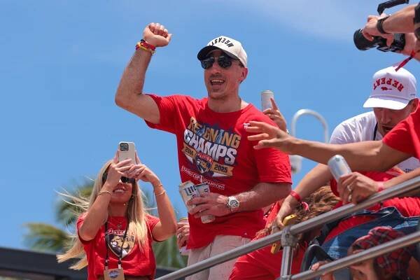 Brad Marchand (63) celebrates during the Stanley Cup championship parade and rally. 