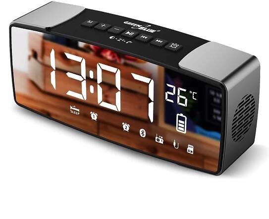 Radiobudík Bluetooth 4,2 hodiny rádio FM aux-in 6W teplota hodiny baterie 2200 mAh GreenBlue GB200
