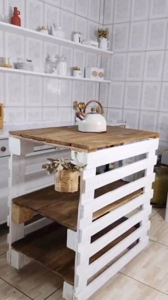Island Kitchen Made of Pallets and Wooden Planks