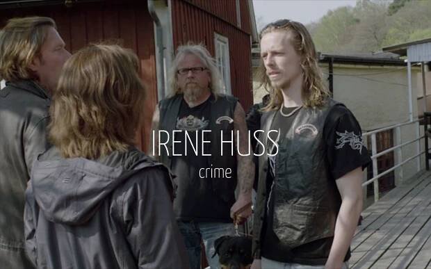Scandinavian actor Fredrik Wagner as biker in criminal drama film Irene Huss with Dag Malmberg
