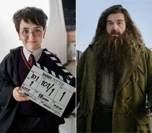 Fotka: Dominic McLaughlin (Harry Potter) a Nick Frost (Hagrid)