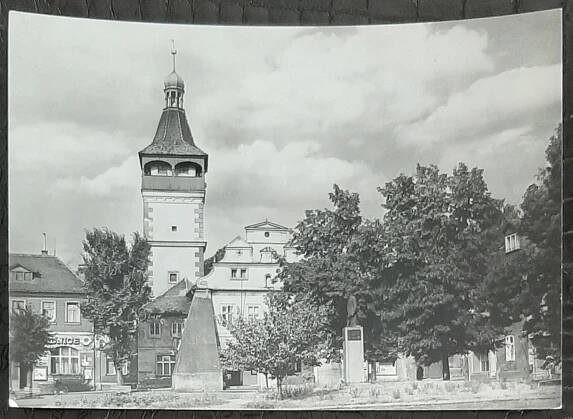 Mladá Boleslav Dobrovice Radnice domy obchod památník  - Pohlednice místopis