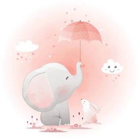 Roztomilá sloní a Králíček s deštníkem, kreslený vektor — Ilustrace