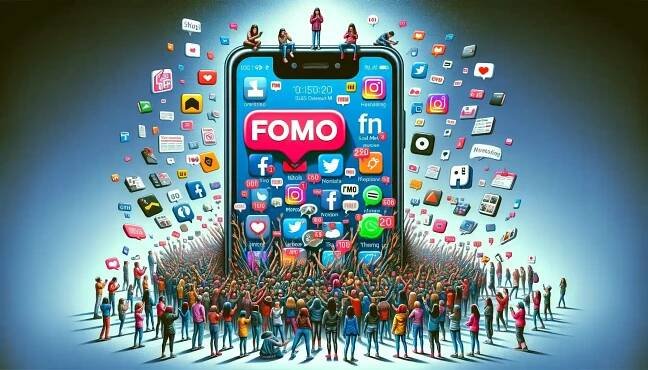 "Ilustrace znázorňující obří smartphone se slovem "FOMO" uprostřed oznámení ze sociálních sítí, obklopený lidmi, kteří pracují se svými zařízeními, a ostatními, kteří se cítí opuštěni."