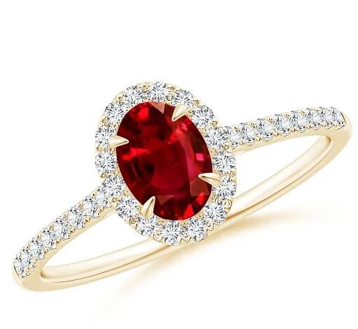 6x4mm AAAA Oval Ruby Halo Engagement Ring in Yellow Gold