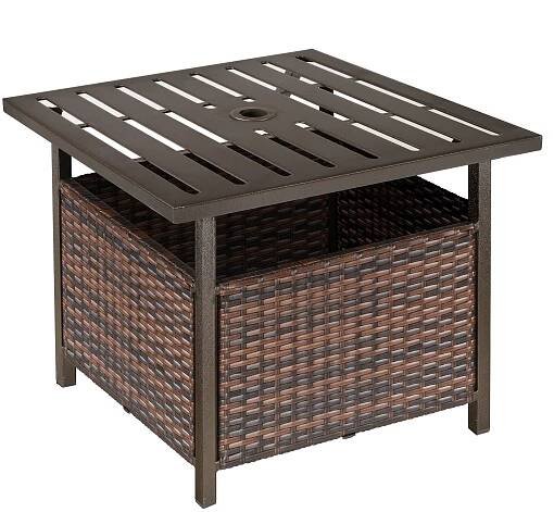 Outsunny ratanový zahradní stolek stolek na terasu stolek s otvorem pro slunečník ideální pro zahradu balkon terasu 55,5 x 55,5 x 46 cm hnědá