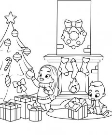 Děti u krbu a vánoční stromeček omalovánka