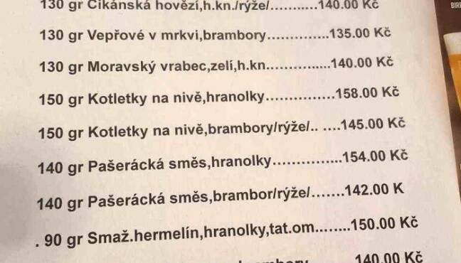 U Ceske Koruny Menu - Zbraslavice