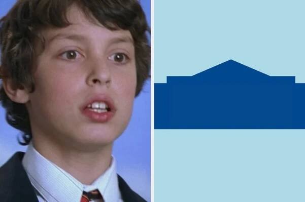 Left: A person wearing a suit and tie with a surprised expression. Right: A simplified outline of a building with a triangular roof