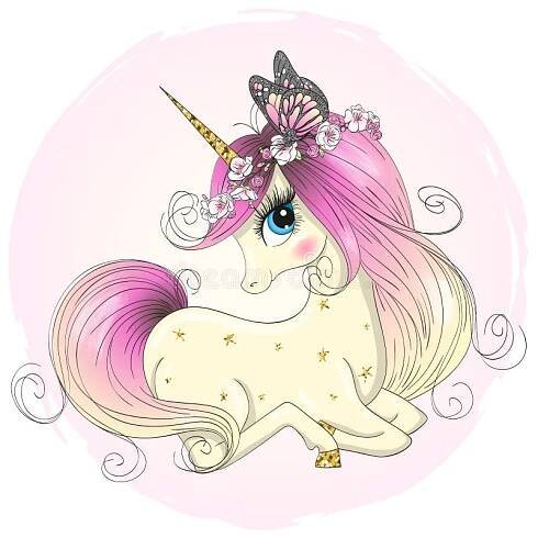 Hand drawn beautiful cute little unicorn girl with wreath on her head. stock illustration