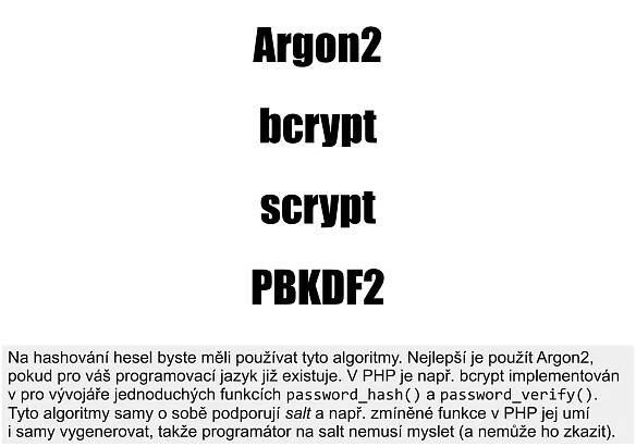 Argon2
bcrypt
scrypt
PBKDF2
Na hashování hesel byste měli používat tyto algoritmy. Nejlepší je použít Argon2,
pokud pro váš programovací jazyk již existuje. V PHP je např. bcrypt implementován
v pro vývojáře jednoduchých funkcích password_hash() a password_verify().
Tyto algoritmy samy o sobě podporují salt a např. zmíněné funkce v PHP jej umí
i samy vygenerovat, takže programátor na salt nemusí myslet (a nemůže ho zkazit).
 